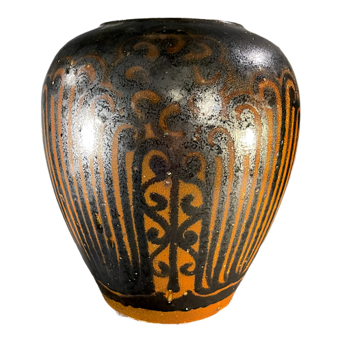 PIERRE PAULUS, brown & black Art Deco African vase, Bouffioulx stoneware 1936
