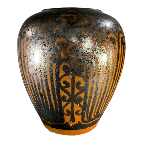 PIERRE PAULUS, vase Art Déco à décor africaniste brun & noir, grès de Bouffioulx, 1936.