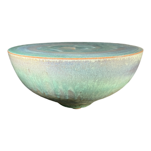 ANTONIO LAMPECCO, turquoise half sphere ball ceramic vase, ca 1980