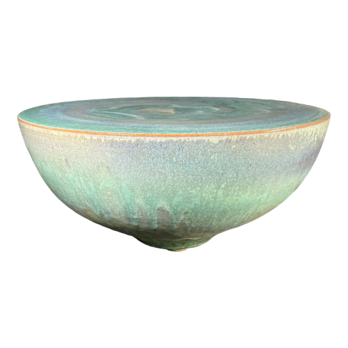 ANTONIO LAMPECCO, vase boule demi sphère turquoise en céramique, ca 1980