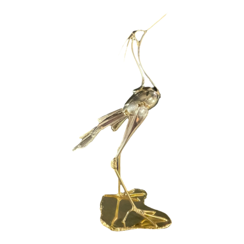 GERARD BOUVIER, oiseau échassier, sculpture en laiton & couverts métal argenté, 1989