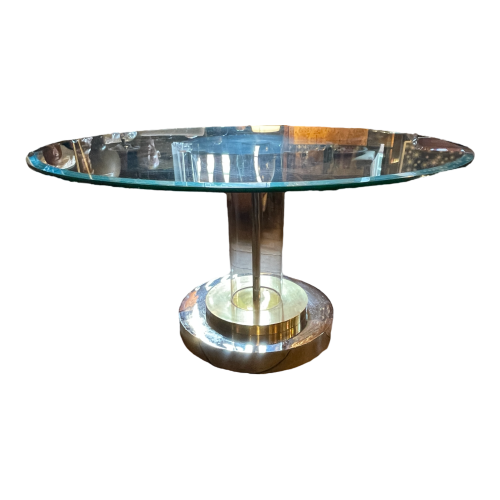 ROMEO REGA, Hollywood Regency round table, central pedestal leg, steel chrome brass lucite, ca 1970