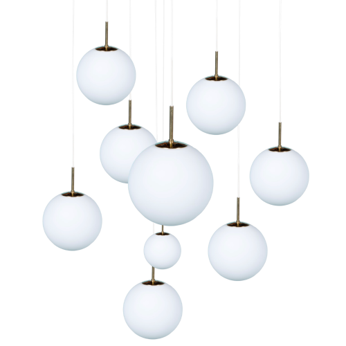 GLASHÜTTE LIMBURG, cascade suspension chandelier, 9 frosted white glass balls 1970s