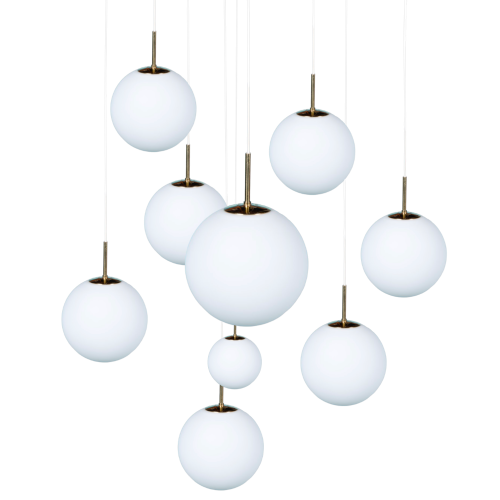 GLASHÜTTE LIMBURG, lustre suspensions cascade, 9 boules verre dépoli blanc, ca 1970