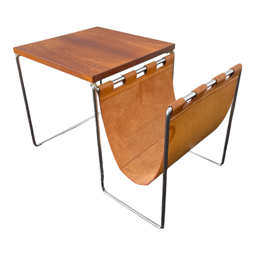 Vintage leather, rosewood, chromed steel side table / newspaper rack, ca 1970