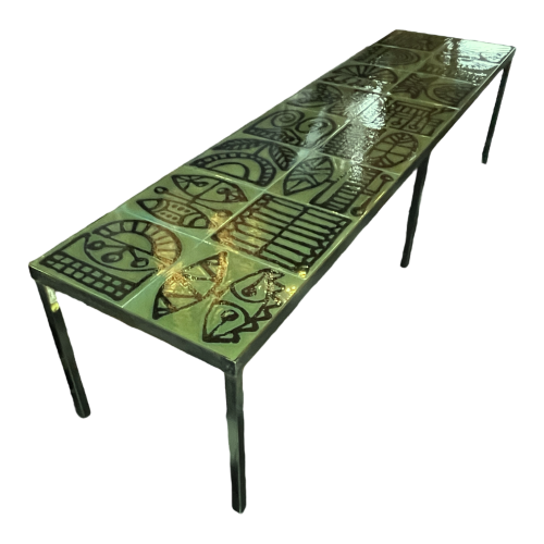 ROGER CAPRON Vallauris, long coffee table 164cm & 6 legs, green glazed ceramic, ca 1960