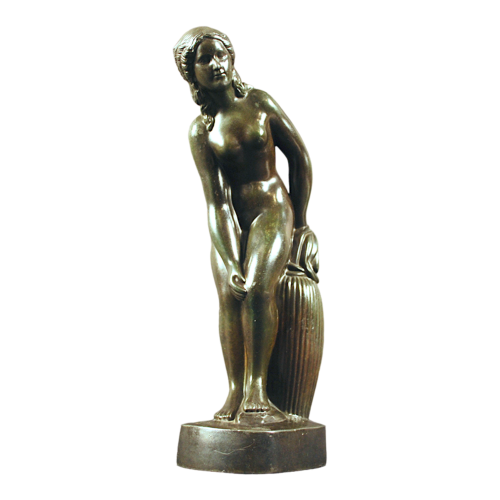 Just Andersen " Naked woman " Danish sculpture, disko metal bronze patina 1925s
