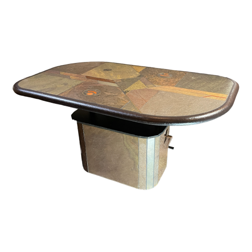 PAUL KINGMA, Brutalist modular coffee table, stone, copper & brass, adjustable 1970s