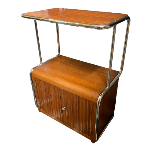 Meuble d'appoint moderniste Art Déco Bauhaus acier chromé tubulaire & bois 1930