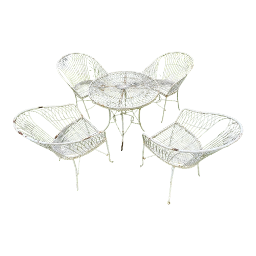 Salon de jardin italien mobilier vintage, table et 4 chaises en fer forgé