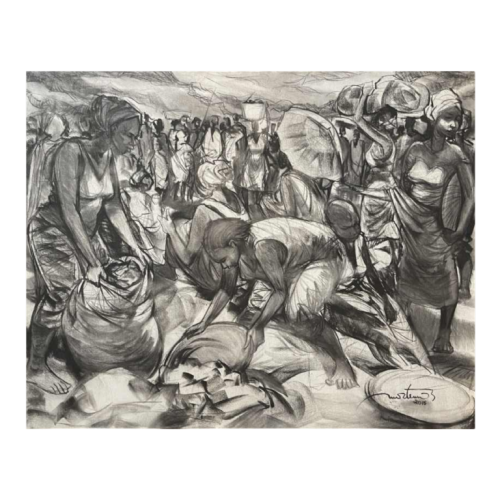 DENIS MATEMO "Market scene", painting charcoal on canvas (kinshasa 2016)