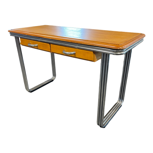 Art Deco Modernist Bauhaus desk / console, wood & triple chromed steel tubes, ca 1930/40