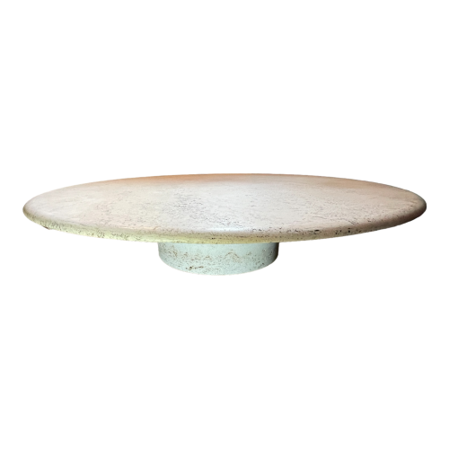 Angelo Mangiarotti for Up&Up, round travertine coffee table, central cylindrical base, 1970s