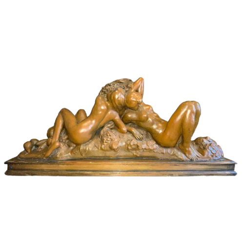 JEF LAMBEAU (attr) 'Bacchantes' sculpture 127cm, femmes nues & fruits, ca 1900