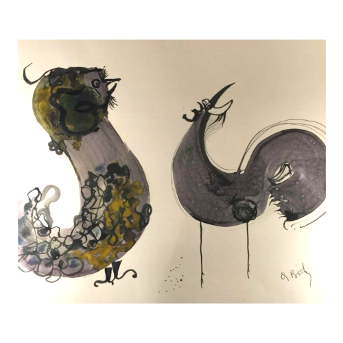 Anne Body  " Le Grand Combat ", peinture en technique mixte sur papier, surréaliste abstrait, circa 1965