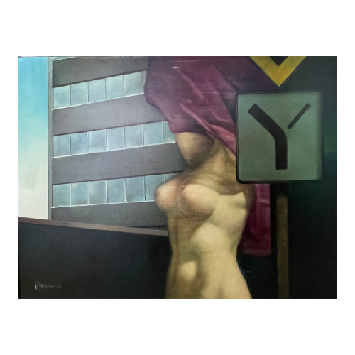 MACKOWIAK ERWIN "Nu au panneau de signalisation" tableau Pop'Art belge, peintre huile sur toile, ca 1975