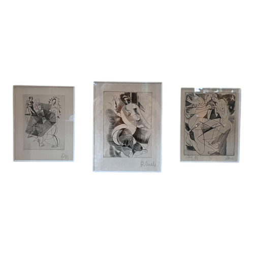 RENÉ MELS (Meulemans) 1 set endadré de 3 x gravures expressionnistes abstraites, ca 1945
