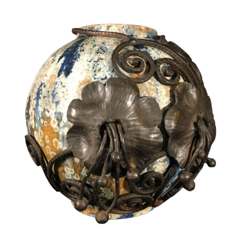 Roger Guérin & François Carion, vase boule Art Déco, grès de Bouffioulx et fer forgé, ca 1925