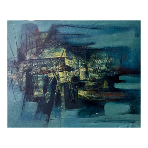 MACKOWIAK ERWIN, blue abstract painting, Belgian painter, oil on panel, 1960