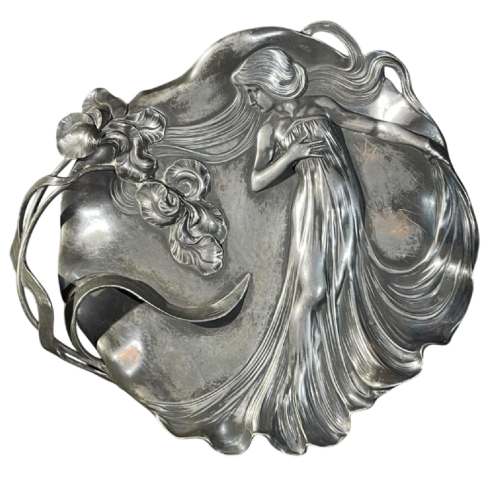 WMF "Femme aux iris" N°290 plateau ajouré Art Nouveau, métal argenté, ca 1906