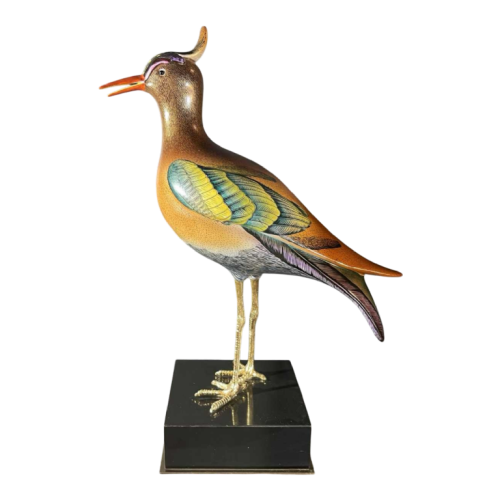 Giulia Mangani / Oggetti 'Lapwing crested bird' polychrome porcelain & ormolu sculpture, Hollywood Regency, ca 1970