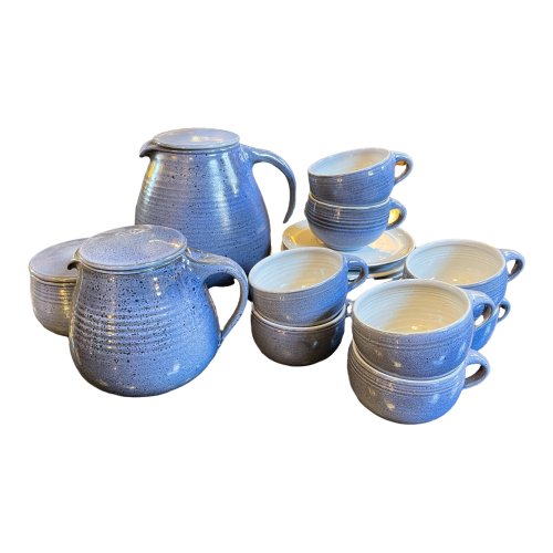 Bernard Thiran, complete blue glazed ceramic coffee service for 6 pers, modernist design ca 1970