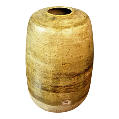 GEORGES PONSART, vase 33cm moderniste jaune sans col, grès salé grand feu, Bouffioulx ca 1950