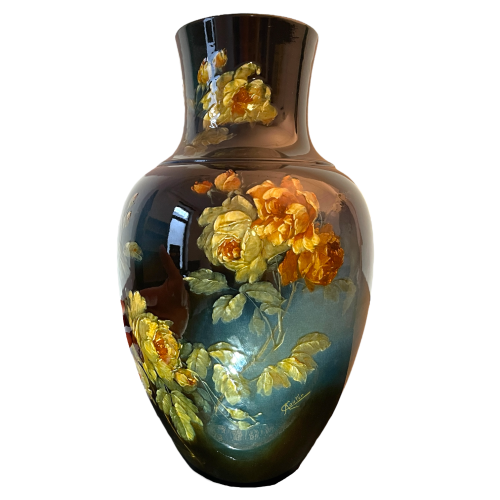 Grand vase céramique Art Nouveau impressionniste (52 cm) barbotine décor floral aux roses, ca 1900