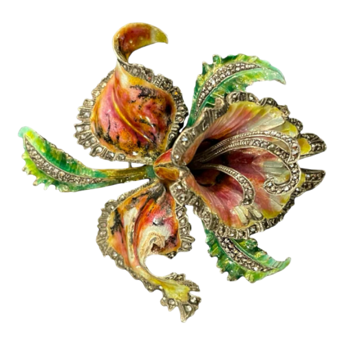 Broche ' Fleur Orchidée ou Iris ' en argent massif émaillé, milieu 20ème siècle