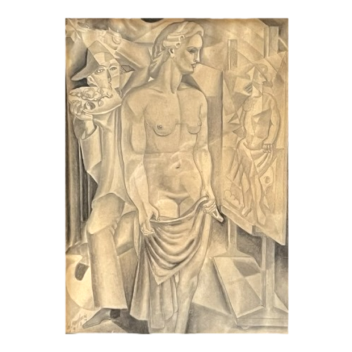 Edgar Scauflaire "Pierrot et Colombine" autoportrait oeuvre expressionniste cubiste sur papier, 1947