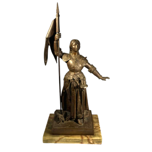 'Jeanne d'Arc en armure au Sacre du Roi Charles VII' d’après Ingres, sculpture en bronze à patine brune , XIXe