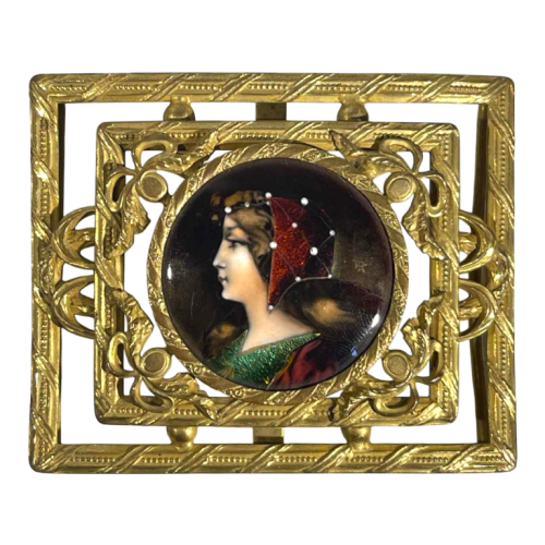 Emaux de Limoges, boucle de ceinture 'portrait de profil de dame' cuivre émaillé & laiton ajouré, ca 1900