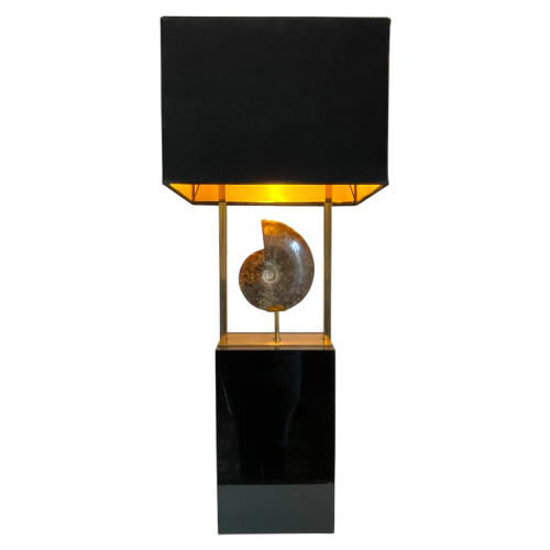 MAISON JANSEN (attr) lampe 'Ammonite' 102cm, laiton doré et bois laqué noir, Hollywood Regency ca 1970