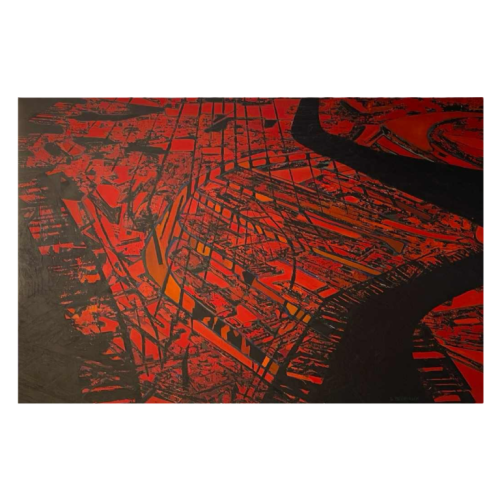 Serge Detriaux "Plan de ville" abstract oil on panel, ca 1988