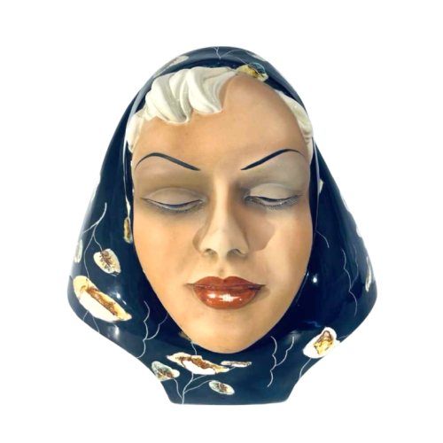 TRIART BASSANO 'Woman's Face with Veil' bust sculpture, polychrome ceramic Art Deco, circa 1940