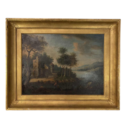 Italian school ‘Lakescape, forest animated by characters’ oil on canvas, 18th century