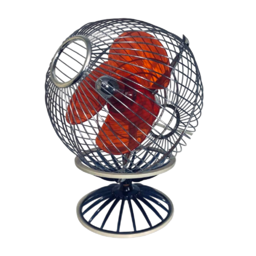 Hitachi B-45 fan, chrome-plated steel spherical structures, red polycarbonate blades, Japan 1970s
