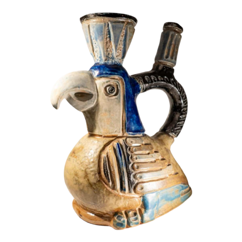Jules Guérin, vase sculpture céramique zoomorphe "oiseau inca / aztèque" grès de Bouffioulx 1950s
