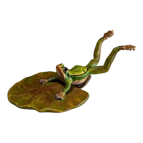 Franz Bergmann "Grenouille plongeante au nénuphar" sculpture bronze de Vienne polychrome, ca 1900