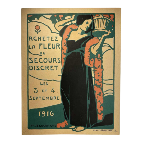 Émile Berchmans pour La Meuse "Achetez la fleur du secours discret" affiche lithographie Art Nouveau, 1916