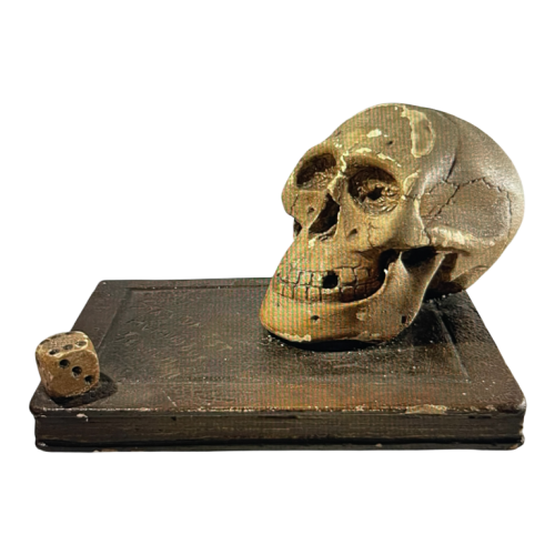 “Statutum est hominibus semel mori” curiosity object – vanitas, patinated plaster sculpture, ca 1900