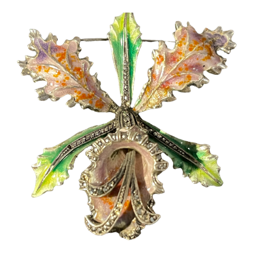 Solid silver enamelled ‘Orchid or Iris flower’ brooch, mid 20th century