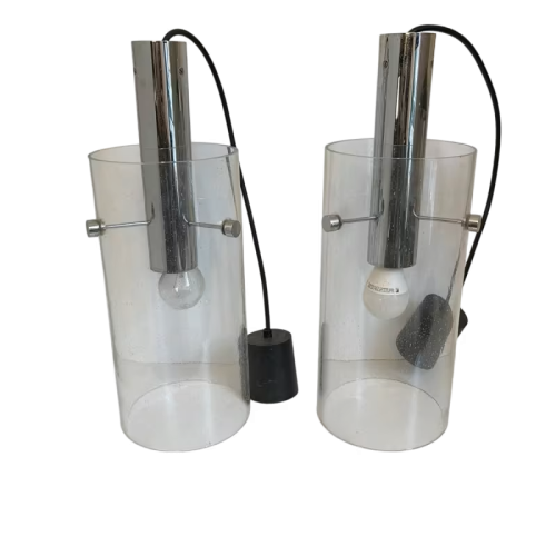 GLASHÜTTE LIMBURG, paire de lampes suspensions cylindriques, verre et acier chromé, ca 1960-70