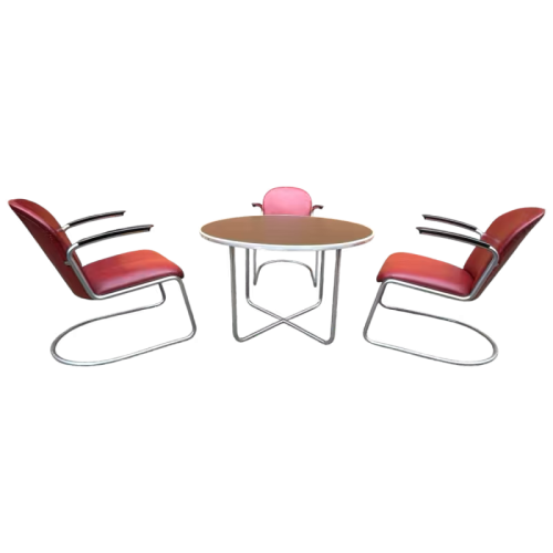 WILLEM HENDRIK GISPEN, set table 3 fauteuils 413 cantilever Art Déco Bauhaus, structure tube d'acier, ca 1930