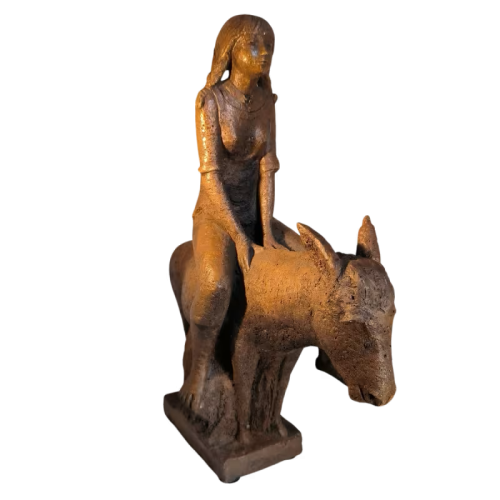 Terracotta sculpture 'Young Girl with Donkey', monogram JC, Liège school, ca 1970