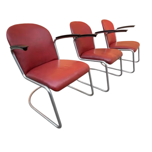 WILLEM HENDRIK GISPEN, set of 3 Art Deco modernist armchairs, 413 style, cantilever steel tube frame, Bauhaus design, 1930s