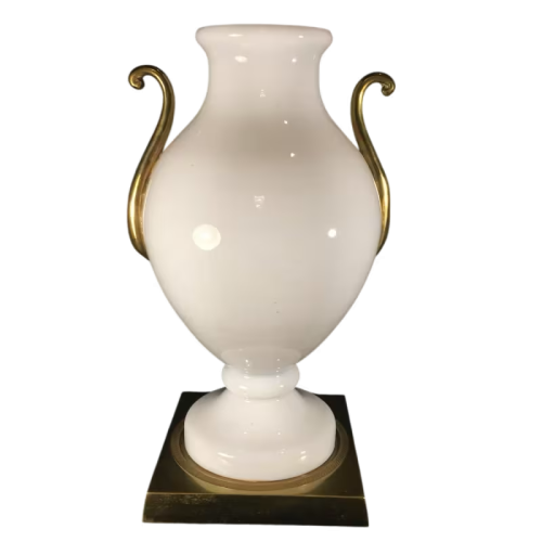 Venini Primavera à Murano, verre opalin blanc à hanses dorées, pied en bronze ciselé, XXe siècle
