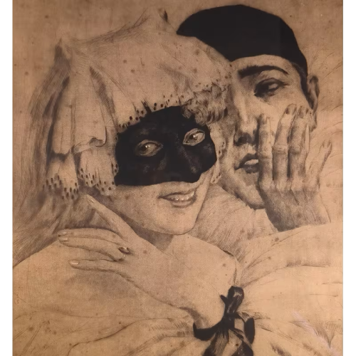 'Pierrot and Columbine - Commedia dell'Arte' large etching, signed, ca. 1920