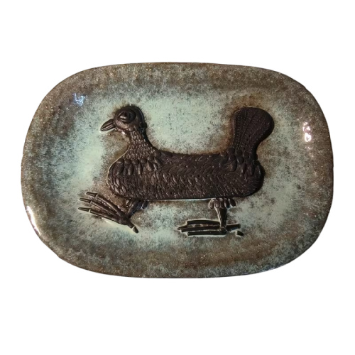 MARIE-HENRIETTE BATAILLE for DOUR, ceramic dish, stylized bird decoration in bas-relief, ca 1970